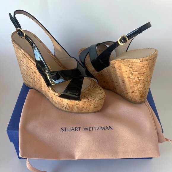 Stuart Weitzman Dayna Wedge Sandals Black Patent Leather Size 37 US6.5B - Picture 10 of 13